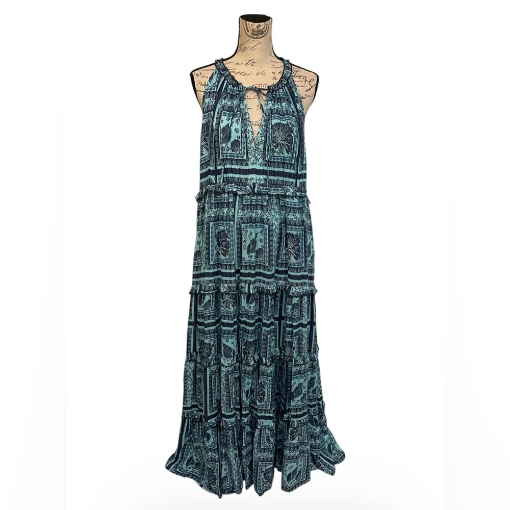 PQ Swim Halter Tiered Maxi Dress Blue Boho Metallic Lurex M/L NWOT - Picture 4 of 11